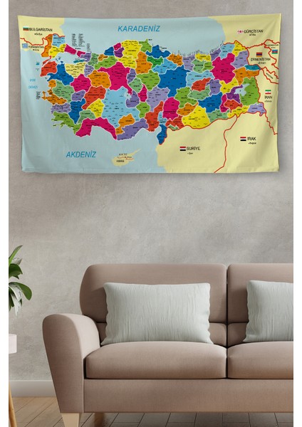 Duvar Örtüsü Halısı Detaylı Güncel Türkiye Haritası Kanvas Kumaş 3985