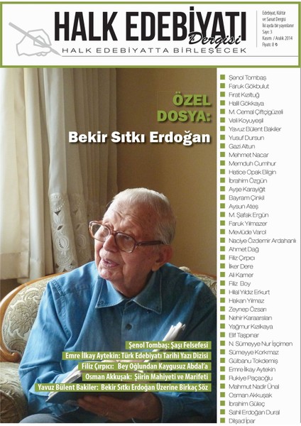 Halk Edebiyatı Dergisi Sayı: 3 Kasım-Aralık 2014