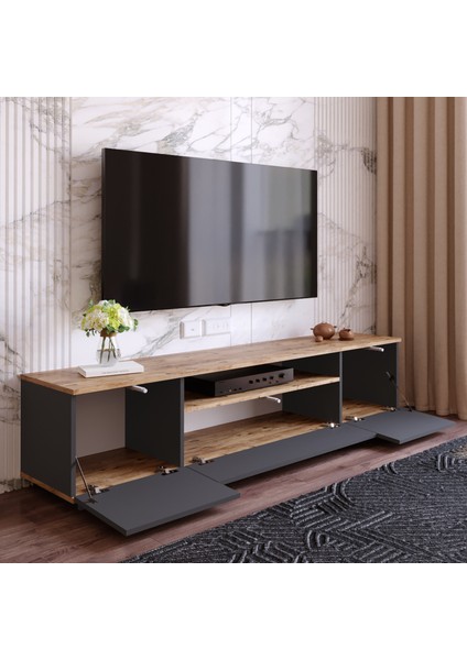 L'occi Concept Delphin 180 cm Raflı Kapaklı Tv Ünitesi DLP7-AA Çam-Antrasit