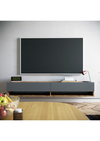 Delphin 180 cm Kapaklı Raflı Tv Ünitesi DLP9-AA Çam-Antrasit