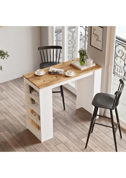 Lowa 120 cm Raflı Bar Masası Yemek Masası Mutfak Masası Çam-Beyaz Lw1-AW