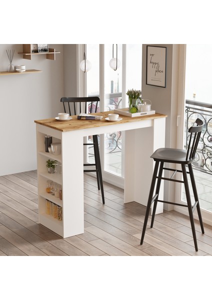 Lowa 120 cm Raflı Bar Masası Yemek Masası Mutfak Masası Çam-Beyaz Lw1-AW