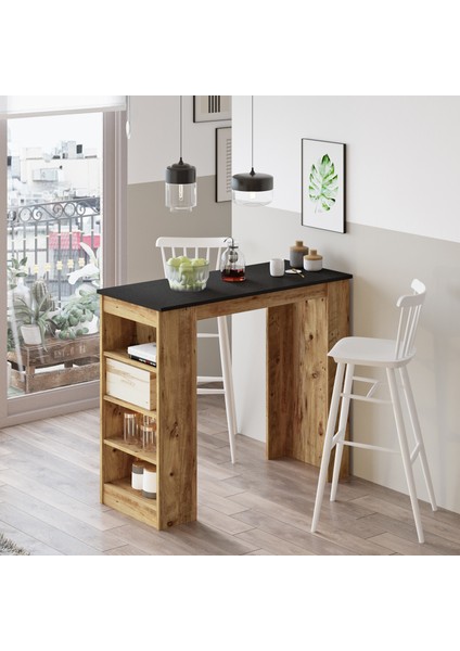 Lowa Bar 120 cm Raflı Masası Mutfak Yemek Masası Siyah-Atlantik Çam Lw1-La