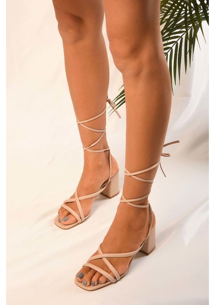 Kadin Ten Bilekten Bagli Topuklu Sandalet Ayakkabi