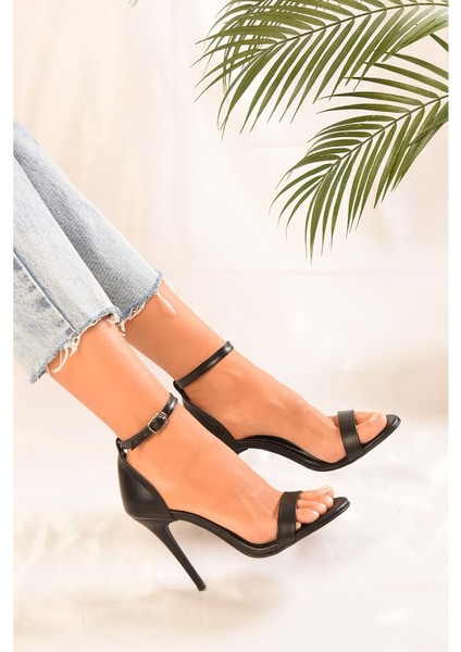 Kadin Tek Bantli Siyah Cilt Topuklu Ayakkabi indirimleri