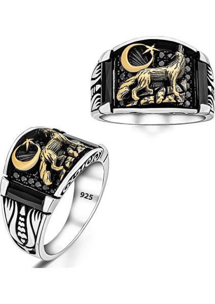 Bozkurt Motifli Zirkon Detaylı Gümüş Erkek Yüzük modelleri