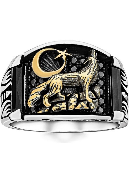 Bozkurt Motifli Zirkon Detaylı Gümüş Erkek Yüzük fırsatları