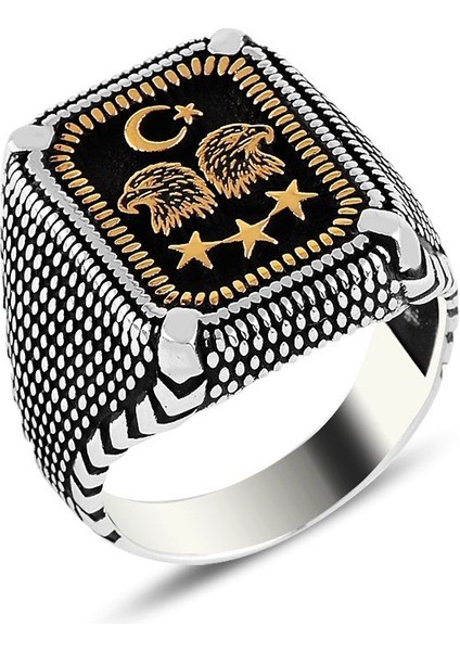 Çift Başlı Kartal ve Ayyıldız Motifli Taşsız Gümüş Erkek Yüzük