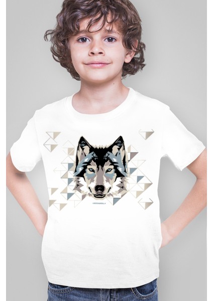 Geometrik Kurt Beyaz Kısa Kollu Kız Erkek Uniseks Çocuk T-Shirt