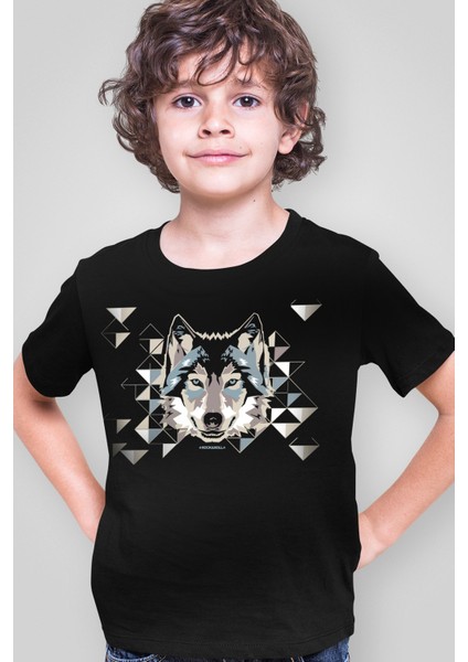 Geometrik Kurt Siyah Kısa Kollu Kız Erkek Uniseks Çocuk T-Shirt