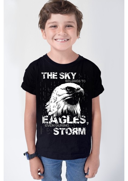 Göklerin Kartalı Siyah Kısa Kollu Kız Erkek Uniseks Çocuk T-Shirt