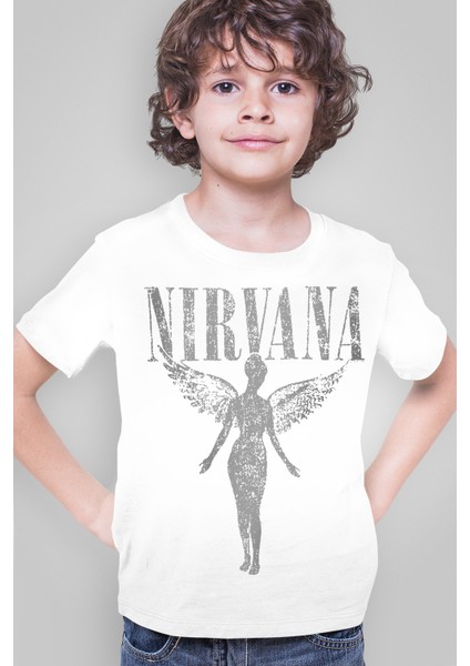 Melek Nirvana Beyaz Kısa Kollu Kız Erkek Uniseks Çocuk T-Shirt