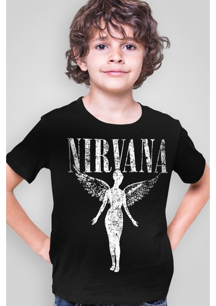 Melek Nirvana Siyah Kısa Kollu Kız Erkek Uniseks Çocuk T-Shirt