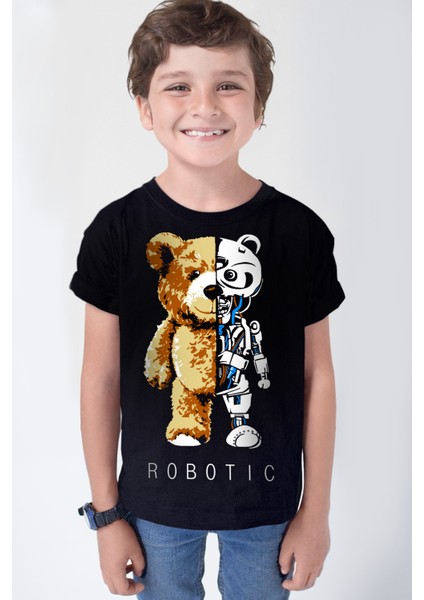 Robot Ayı Siyah Kısa Kollu Kız Erkek Uniseks Çocuk T-Shirt
