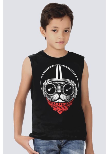 Kasklı Kedi Siyah Kesik Kol | Kolsuz Kız Erkek Uniseks T-Shirt | Atlet