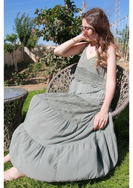 Kadın Nakışlı Naturel Uzun Elbise