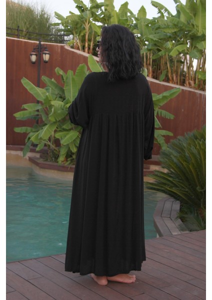 Kadın Beyaz Salaş Fırfırlı Robalı Uzun Elbise