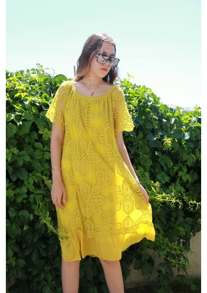 Kadın Hardal Tül Detaylı Naturel Elbise