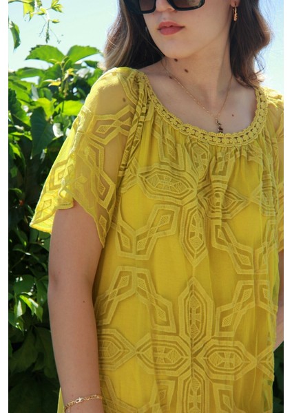 Kadın Hardal Tül Detaylı Naturel Elbise modelleri