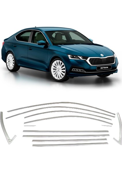 Skoda Octavia 12 Parça Paslanmaz Krom Cam Çerçeve Çıta Seti