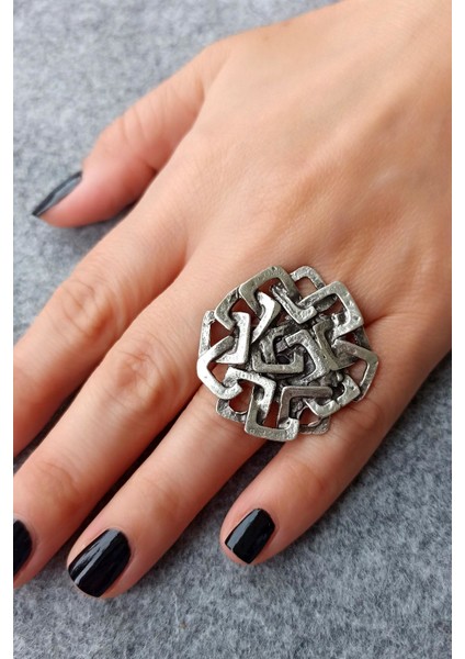 Antik Gümüş Kaplama Kareler Şekilli El Yapımı Ayarlanabilir Yüzük