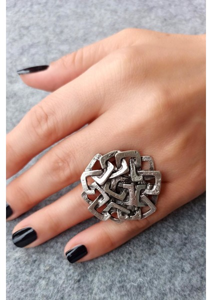 Antik Gümüş Kaplama Kareler Şekilli El Yapımı Ayarlanabilir Yüzük fiyatları