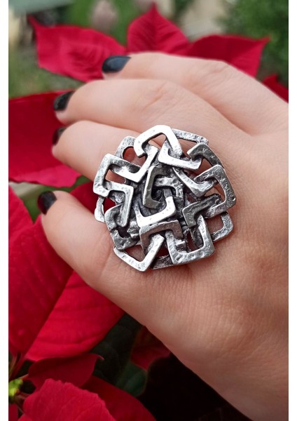 Antik Gümüş Kaplama Kareler Şekilli El Yapımı Ayarlanabilir Yüzük modelleri