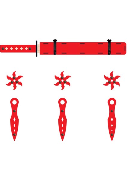Ahşap Oyuncak Samuray Seti 3 Lü, Katana Kılıcı + 3 Ad. Ninja Yıldızı Kohga + 3 Ad. Fırlatma Bıçağı Kunai Kırmızı
