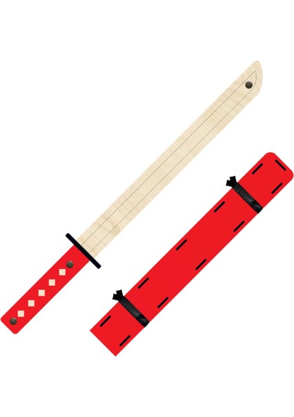 Ahşap Oyuncak Samuray Seti 3 Lü, Katana Kılıcı + 3 Ad. Ninja Yıldızı Kohga + 3 Ad. Fırlatma Bıçağı Kunai Kırmızı