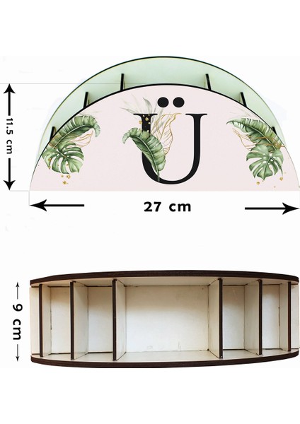 Tropik Desenli Ü Harfi Ahşap Masaüstü Kalemlik Kalem Kutusu Organizer