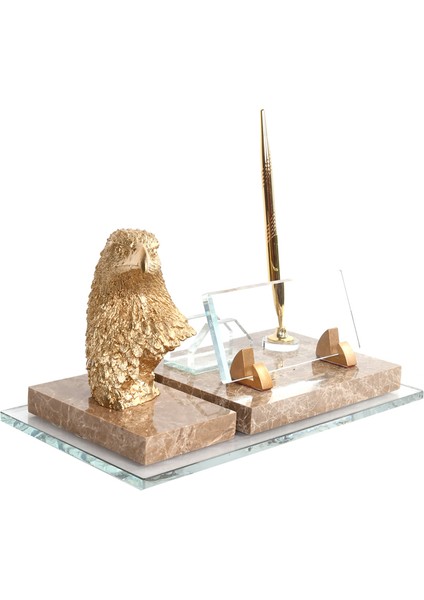 İsme Özel Kartal Büst Altın Biblolu Krem Mermer Kartvizit Alanlı Masasütü İsimlik