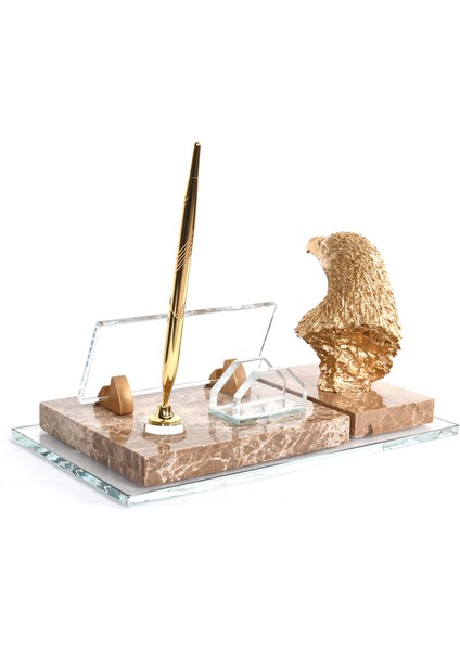 İsme Özel Kartal Büst Altın Biblolu Krem Mermer Kartvizit Alanlı Masasütü İsimlik modelleri