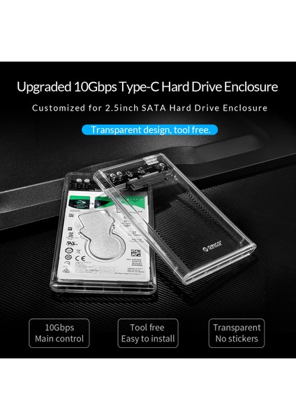 USB3.1 Gen1 Type-C 2.5” inch SATA SSD Hard Disk Kutusu Şeffaf