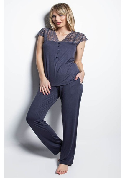 18231 Kadın Kısa Kollu Pijama Takımı-Lacivert