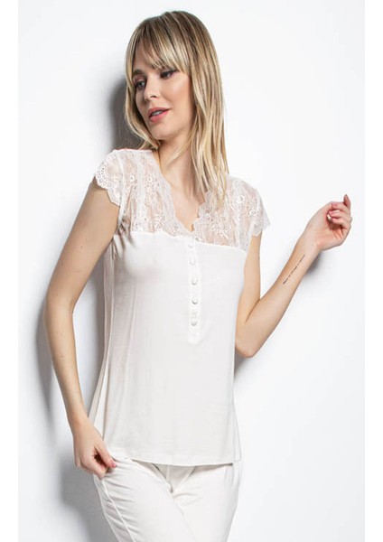 18233 Kadın Kısa Kollu Pijama Takımı-Ekru fiyatları