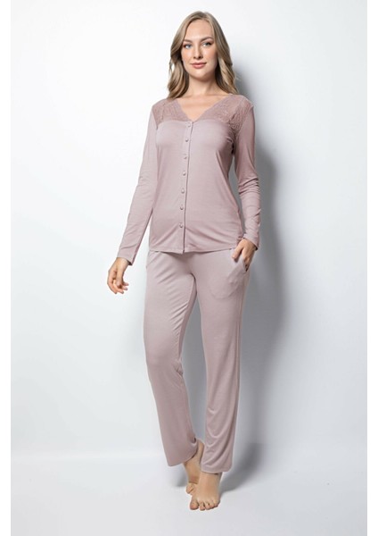 18434 Kadın Uzun Kollu Pijama Takım-Vizon