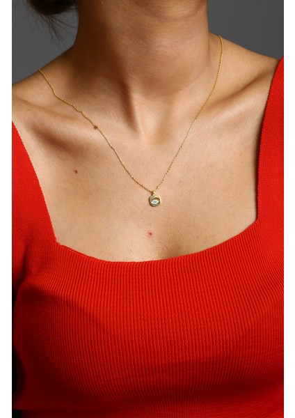 Silver Kare Pul Göz Altın Kaplama Gümüş Kolye