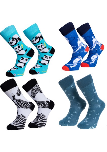 Mutlu & Renkli Desenli 4'lü Panda, Hokey, Zebra, Doğa Desenli Çorap Set