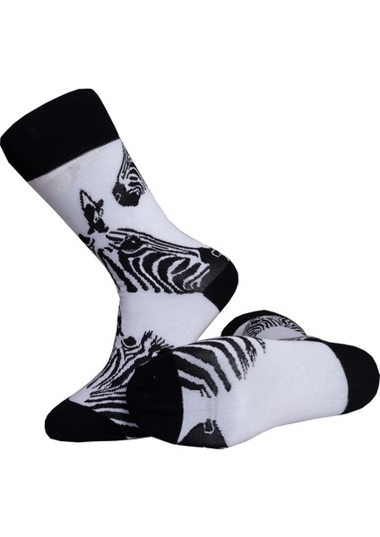 Mutlu & Renkli Desenli 4'lü Panda, Hokey, Zebra, Doğa Desenli Çorap Set