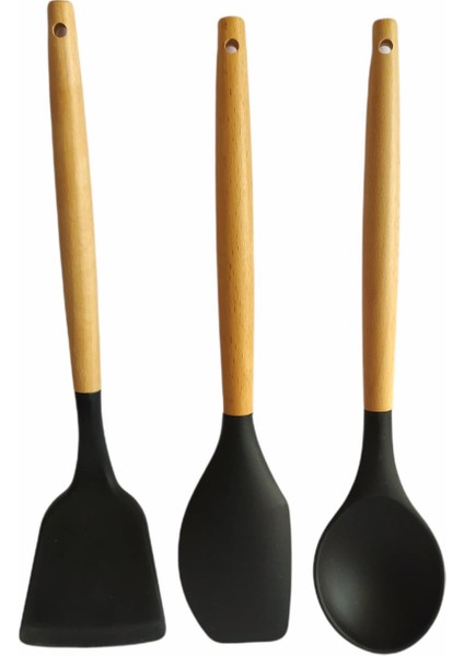 Ahşap Saplı Yanmaz Yapışmaz Silikon Spatula 3 ' Lü Set