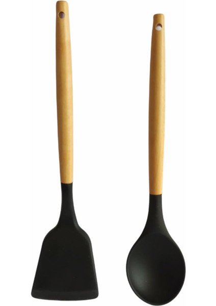 Yanmaz Yapışmaz Ahşap Saplı Silikon Spatula 2 ' Li Set 32 cm