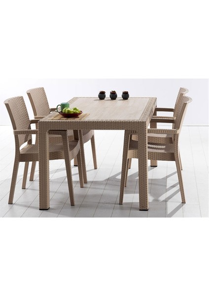 Eminhome Rattan Camlı Masa Set 70X120 cm Capi 4 Kişilik