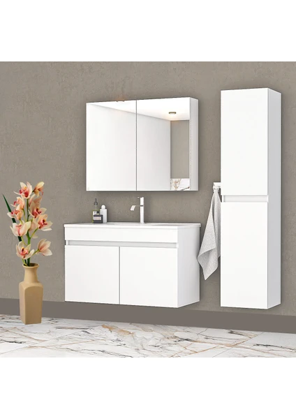 Alfa Banyo Viola Beyaz (80+35) 115 cm MDF Boy Dolaplı Lavabolu Banyo dolabı takımı**Demonte Değil**