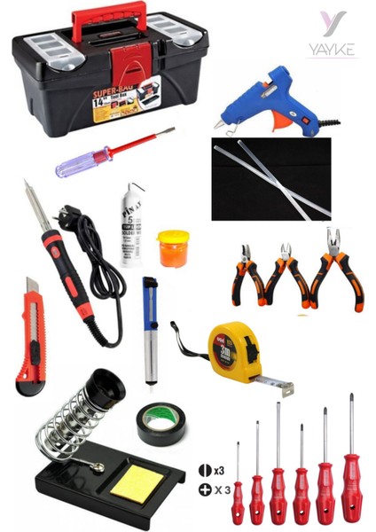 22 Parça El Aleti Seti,dolu 14INÇ Takım Çantası (60WATT Lehim HAVYA+20WATT Silikon Tabancası)