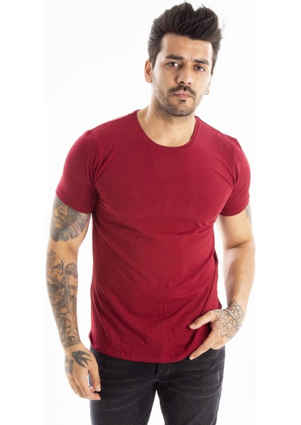 Bordo Erkek/Unisex Slim Fit Dar Kesim Bisiklet Yaka Pamuklu Likralı Basic Tişört 1801131