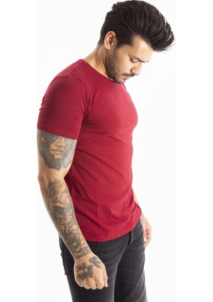 Bordo Erkek/Unisex Slim Fit Dar Kesim Bisiklet Yaka Pamuklu Likralı Basic Tişört 1801131 fiyatları