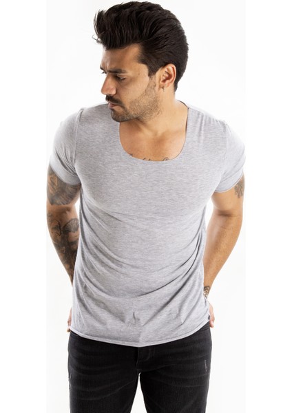 Gri Yakası Ve Kolları Kesik Likralı Geniş Yakalı Erkek Tshirt 1801199