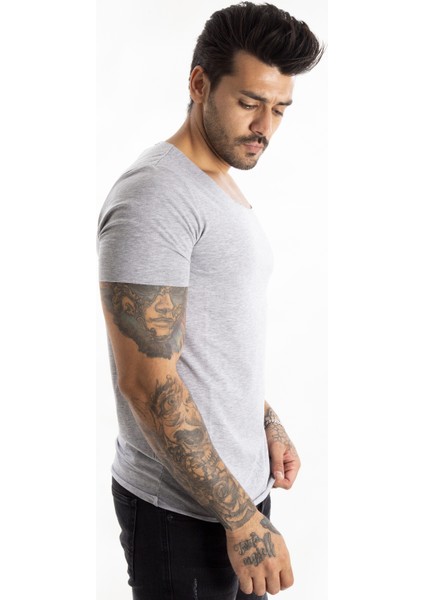 Gri Yakası Ve Kolları Kesik Likralı Geniş Yakalı Erkek Tshirt 1801199 fiyatları
