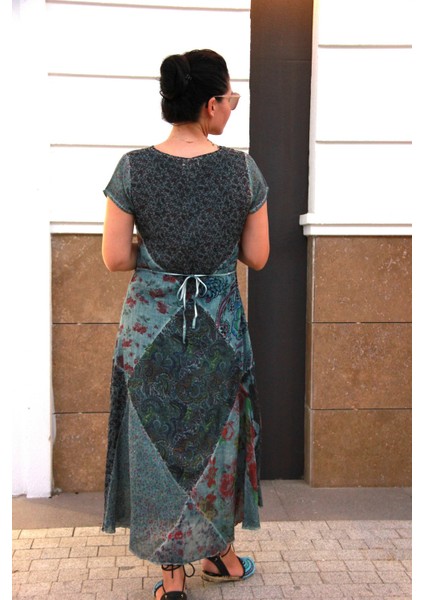 Kadın Ay Kol Patchwork Naturel Elbise