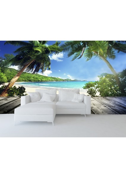 3d Palmiye Deniz Manzaralı Duvar Kağıdı Tek Parça 325X250 cm TDK6587